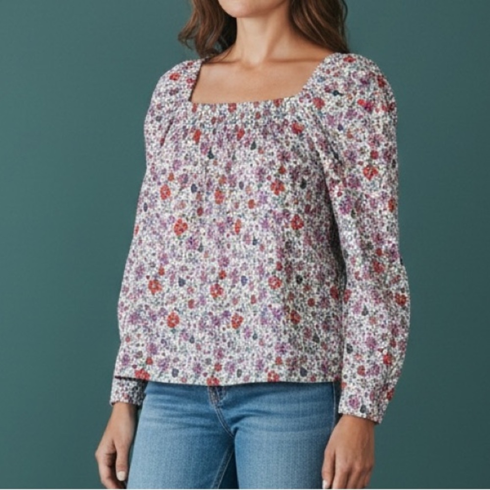 Floral Square-Neck Peasant Top - Purple Multi